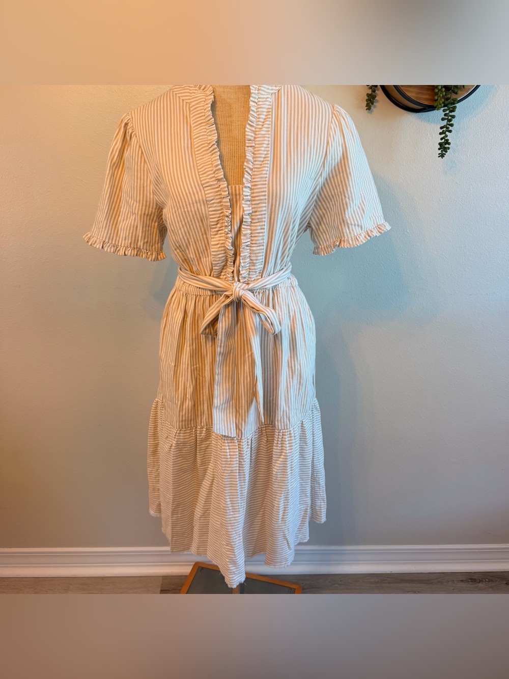 London Times Neutral Striped Ruffle Tiered Cotton Maxi Dress Size 12